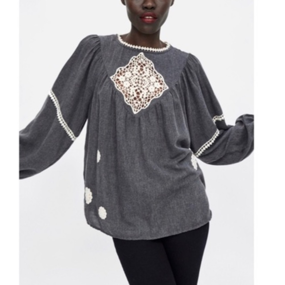Zara Boho Charcoal Embroidered Peasant Blouse Women’s Large - Picture 1 of 5